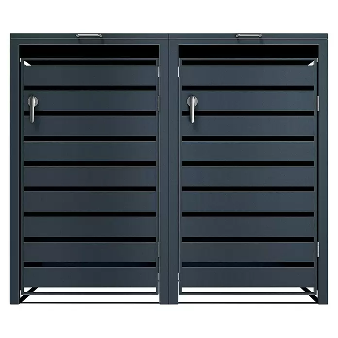 Metzler Mülltonnenbox - 136 x 80 cm, Stahl, Anthrazit, Geeignet für Anzahl Mülltonnen: 2 Stk., Mit Lamellen - Dunkelgrauer Lamellen-Doppeltürschrank mit silbernen Griffen und Deckel, für Mülltonnen oder Außenlager.