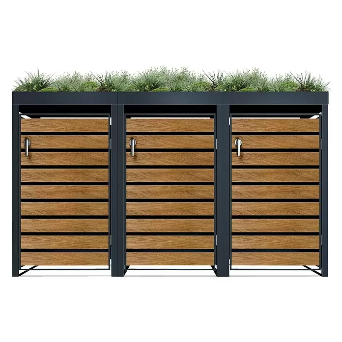 Metzler Mülltonnenbox - 204 x 80 cm, Stahl, Anthrazit/Braun, Geeignet für Anzahl Mülltonnen: 3 Stk., Mit Pflanzdach - Dreifach-Gartenschrank mit Holzlamellentüren, dunkelgrauem Metallrahmen und integrierter Pflanzschale mit Grünpflanzen.