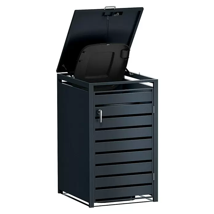 Metzler Mülltonnenbox - 68 x 80 cm, Stahl, Anthrazit, Geeignet für Anzahl Mülltonnen: 1 Stk., Mit Lamellen - Dunkelgraue Metall-Mülltonnenbox mit Lamellentür und geöffnetem Deckel, der einen inneren Behälter zeigt.