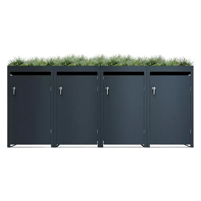 Metzler Mülltonnenbox - Stahl, Anthrazit, Geeignet für Anzahl Mülltonnen: 4 Stk., Mit Pflanzdach - Vier dunkelgraue Metall-Aufbewahrungsboxen mit silbernen Griffen und integrierter grüner Pflanzfläche.