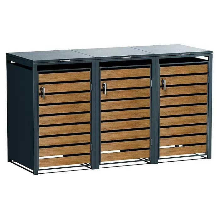 Metzler Mülltonnenbox - 204 x 80 cm, Stahl, Anthrazit/Braun, Geeignet für Anzahl Mülltonnen: 3 Stk. - Mülltonnenbox mit drei Fächern, dunkelgrauem Rahmen und Holzlattentüren.