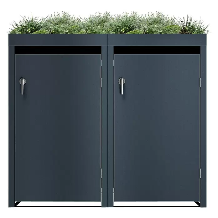Metzler Mülltonnenbox - 132 x 80 cm, Stahl, Anthrazit, Geeignet für Anzahl Mülltonnen: 2 Stk., Mit Pflanzdach - Anthrazitgrauer zweitüriger Lagerschrank mit integriertem grünem Pflanzgefäß oben.