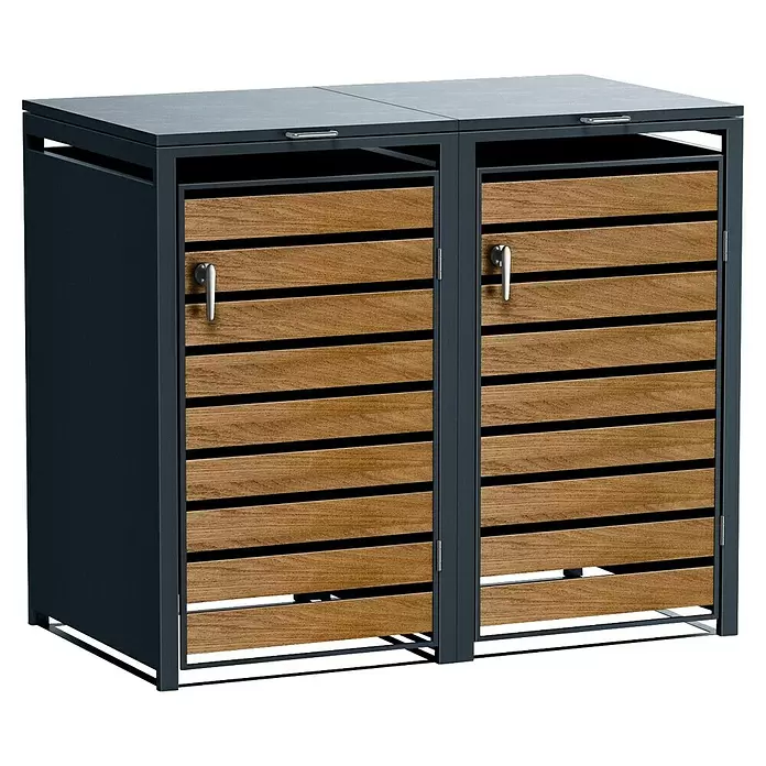 Metzler Mülltonnenbox - 136 x 80 cm, Stahl, Anthrazit/Braun, Geeignet für Anzahl Mülltonnen: 2 Stk. - Doppelter Mülltonnenunterstand mit dunkelgrauem Metallrahmen und zwei hellbraunen Holzlamellentüren, jeweils mit silbernem Griff.