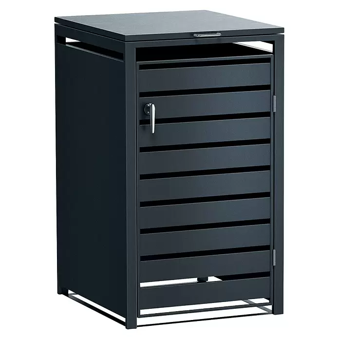 Metzler Mülltonnenbox - 68 x 80 cm, Stahl, Anthrazit, Geeignet für Anzahl Mülltonnen: 1 Stk., Mit Lamellen - Anthrazitfarbener Metallschrank mit Lamellentür, Klappdeckel und silbernem Griff für den Außenbereich.