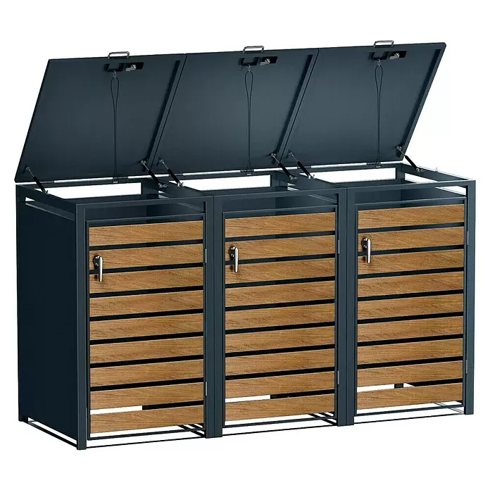 Metzler Mülltonnenbox - 204 x 80 cm, Stahl, Anthrazit/Braun, Geeignet für Anzahl Mülltonnen: 3 Stk. - Drei dunkelgraue Metall-Gartenboxen mit Holzlamellentüren und geöffneten Deckeln für Mülltonnen.