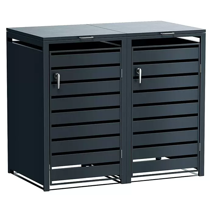Metzler Mülltonnenbox - 136 x 80 cm, Stahl, Anthrazit, Geeignet für Anzahl Mülltonnen: 2 Stk., Mit Lamellen - Dunkelgrauer Mülleimer-Stauraum aus Metall mit zwei Lamellentüren und aufklappbaren Deckeln.