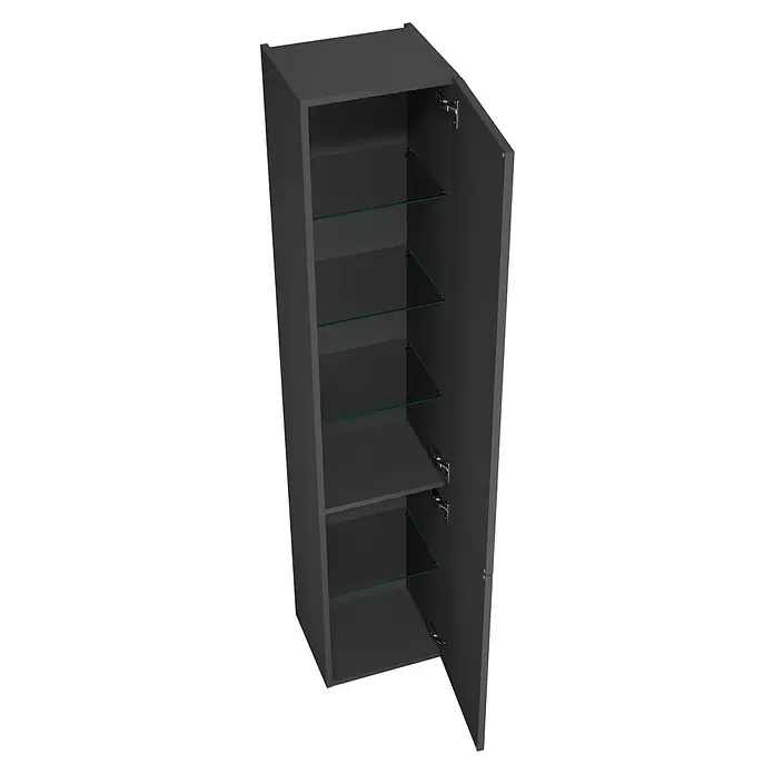Camargue Aurinia Hochschrank - 35 x 32 x 176 cm, Anthrazit, DIN Anschlag: Rechts - Dunkelgrauer Hochschrank mit offener Tür, zeigt transparente Glasablagen zur Aufbewahrung.