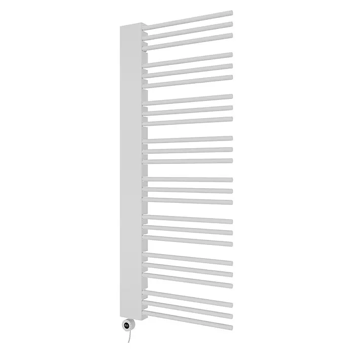 Elektro-Badheizkörper Rosi - B x H: 600 x 1.460 mm, Nennleistung: 700 W - Weißer elektrischer Handtuchheizkörper mit mehreren horizontalen Stangen und digitalem Thermostat unten.
