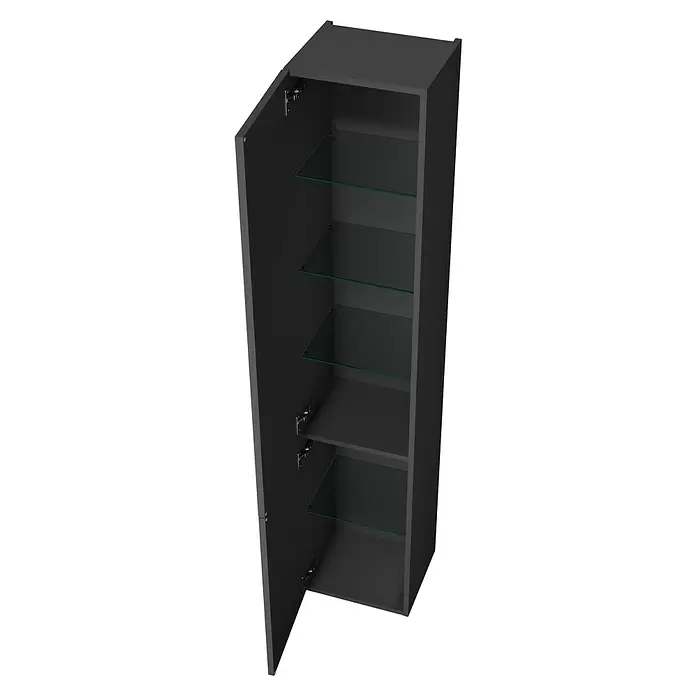Camargue Aurinia Hochschrank - 35 x 32 x 176 cm, Anthrazit, DIN Anschlag: Links - Dunkelgrauer Hochschrank mit offener Tür, der mehrere Glasböden zeigt.