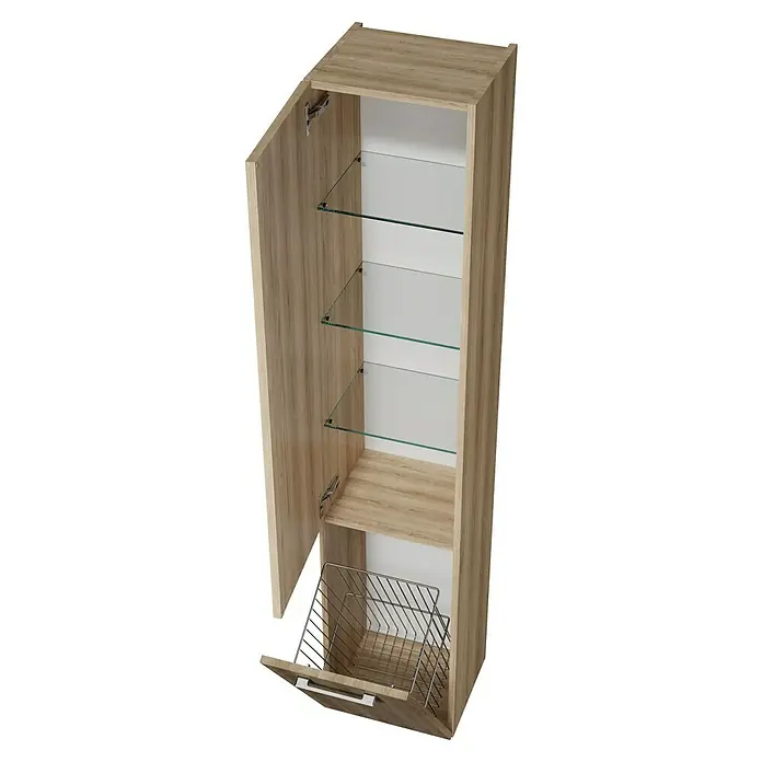 Camargue Aurinia Hochschrank - 35 x 32 x 176 cm, Natural Oak, Mit Wäschekippe, DIN Anschlag: Rechts - Hochformatiger Badezimmerschrank in Holzoptik mit Glasböden und einem ausziehbaren Drahtkorb. Die Tür des Schranks ist geöffnet.