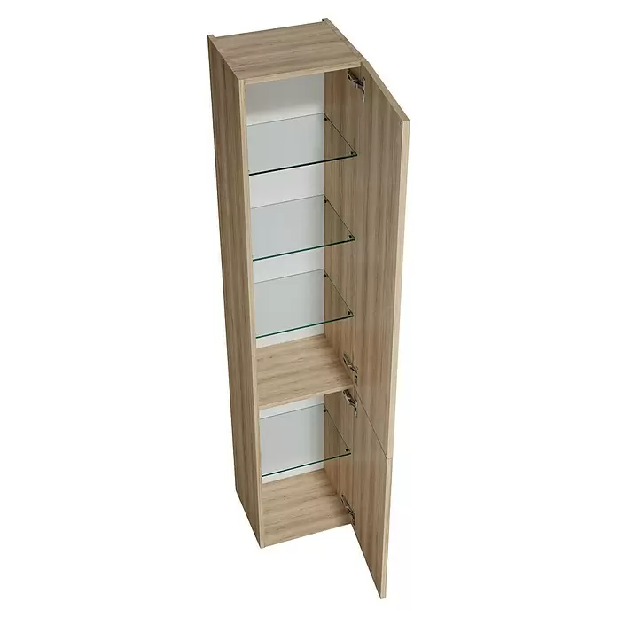 Camargue Aurinia Hochschrank - 35 x 32 x 176 cm, Natural Oak, DIN Anschlag: Rechts - Offener Hochschrank in heller Holzoptik mit vier Klarglas- und einer Holzplatte als Regalboden.