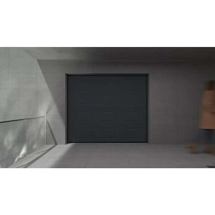 Solid Elements Puerta de garaje seccional PRO - 250 x 212,5 cm, Gris antracita, Cuarterón - Puerta de garaje gris en arquitectura moderna de hormigón, que combina elegancia sencilla y funcionalidad. Diseño atemporal para entornos urbanos.