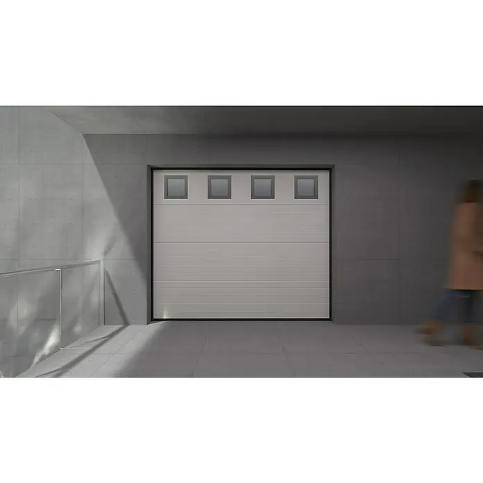Solid Elements Puerta de garaje seccional PRO - 250 x 212,5 cm, Blanco, 4 ventanas horizontal acanalada - Primer plano de una puerta de garaje moderna con una fila de ventanas, que combina diseño y funcionalidad.