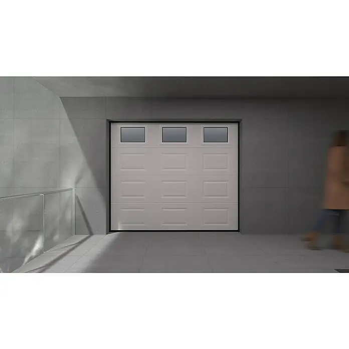 Solid Elements Puerta de garaje seccional PRO - 250 x 212,5 cm, Blanco, Cuarterón 3 ventanas horizontal - Moderna puerta de garaje con ventanas cuadradas en la parte superior, integrada en una estructura de hormigón que destaca un diseño minimalista.