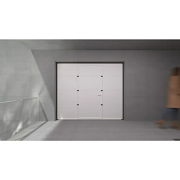 Solid Elements Puerta de garaje seccional PRO - 250 x 212,5 cm, Blanco, Peatonal - Una moderna puerta de garaje blanca con detalles en negro se integra perfectamente en el diseño minimalista de hormigón gris.