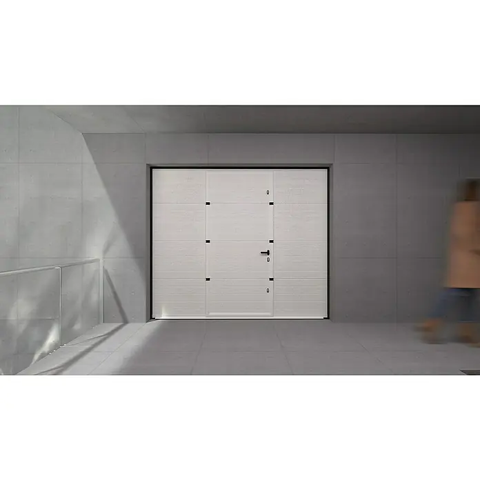 Solid Elements Puerta de garaje seccional PRO - 250 x 212,5 cm, Blanco - Puerta de garaje blanca con marco y manija negros en un edificio moderno.