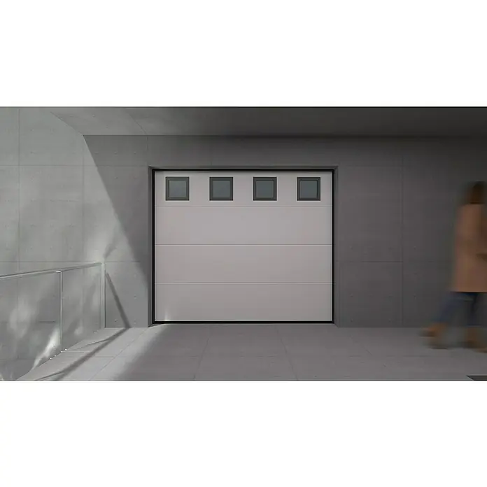 Solid Elements Puerta de garaje seccional PRO - 250 x 212,5 cm, Blanco, 4 ventanas horizontal - Puerta de garaje gris con cuatro ventanas en la parte superior, enclavada en una moderna arquitectura de hormigón.