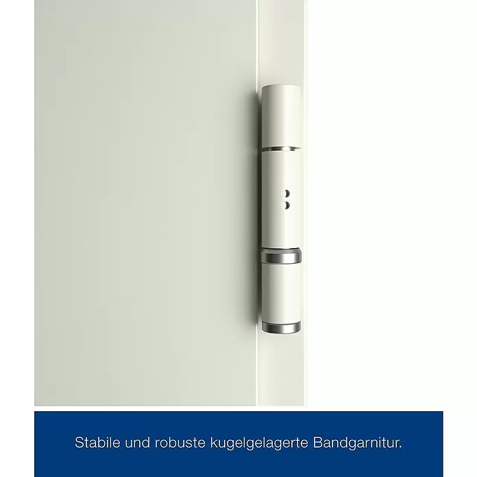 Hörmann Brandschutztür H3-1 OD RS - 87,5 x 200 cm, DIN Anschlag: Links, Grauweiß - Stabile, robuste, kugelgelagerte Türbandgarnitur in Weiß mit silbernen Akzenten.