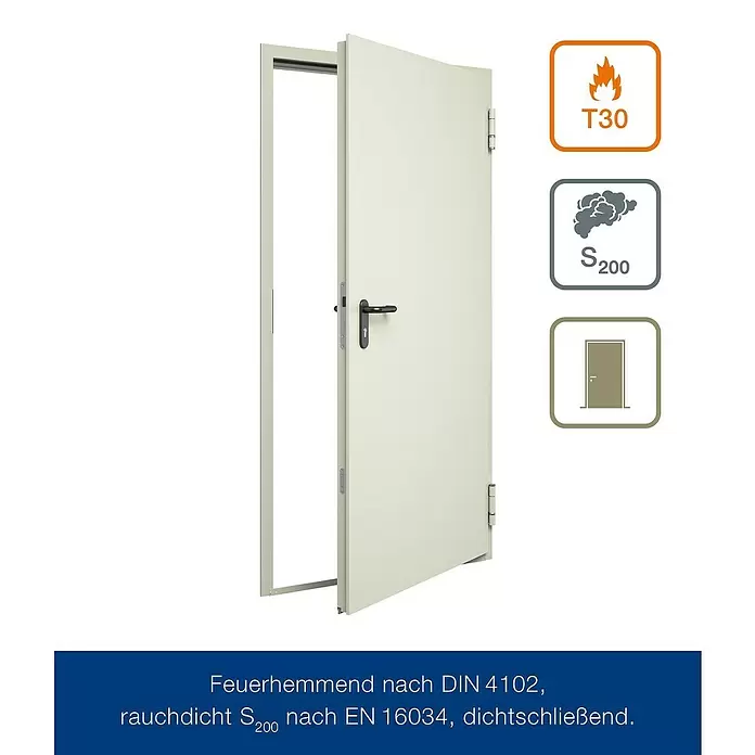 Hörmann Brandschutztür H3-1 OD RS - 100 x 200 cm, DIN Anschlag: Rechts, Grauweiß - Helle, offene T30 Brandschutztür und S200 Rauchschutztür, dichtschließend.