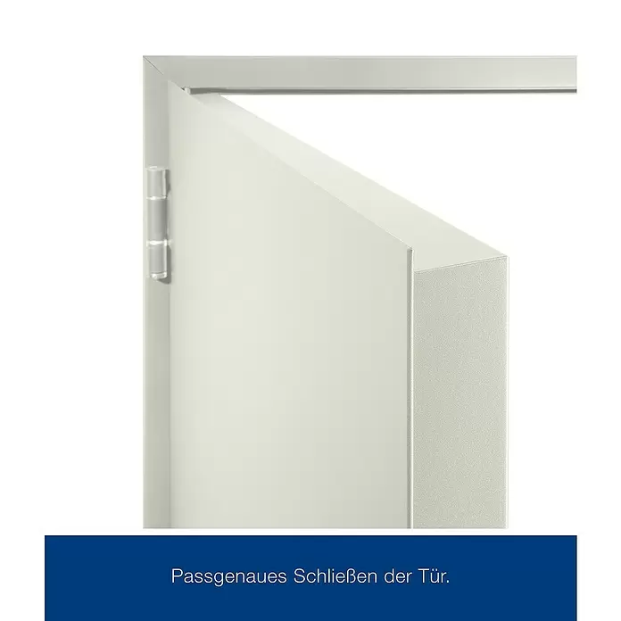 Hörmann Brandschutztür H3-1 OD RS - 87,5 x 200 cm, DIN Anschlag: Links, Grauweiß - Teilweise geöffnete hellfarbene Tür und Zarge mit sichtbaren Scharnieren, die die präzise Passform hervorheben.