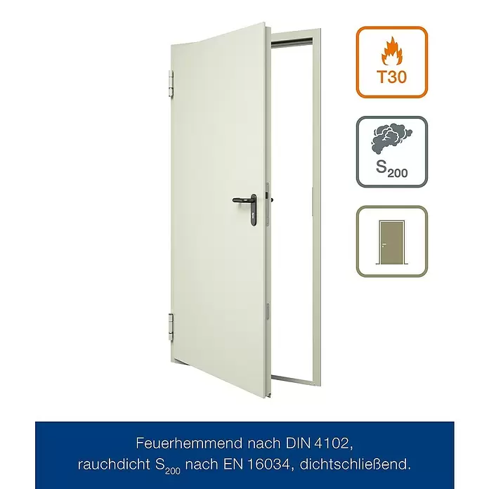 Hörmann Brandschutztür H3-1 OD RS - 87,5 x 200 cm, DIN Anschlag: Links, Grauweiß - Hellbeige Brandschutz- und Rauchschutztür T30 / S200, leicht geöffnet, mit schwarzem Griff. Feuerhemmend nach DIN 4102, rauchdicht nach EN 16034.