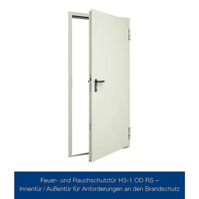 Hörmann Brandschutztür H3-1 OD RS - 100 x 200 cm, DIN Anschlag: Rechts, Grauweiß - Hellbeige Brandschutz- und Rauchschutztür (H3-1 OD RS) für Innen- oder Außeneinsatz, leicht geöffnet.