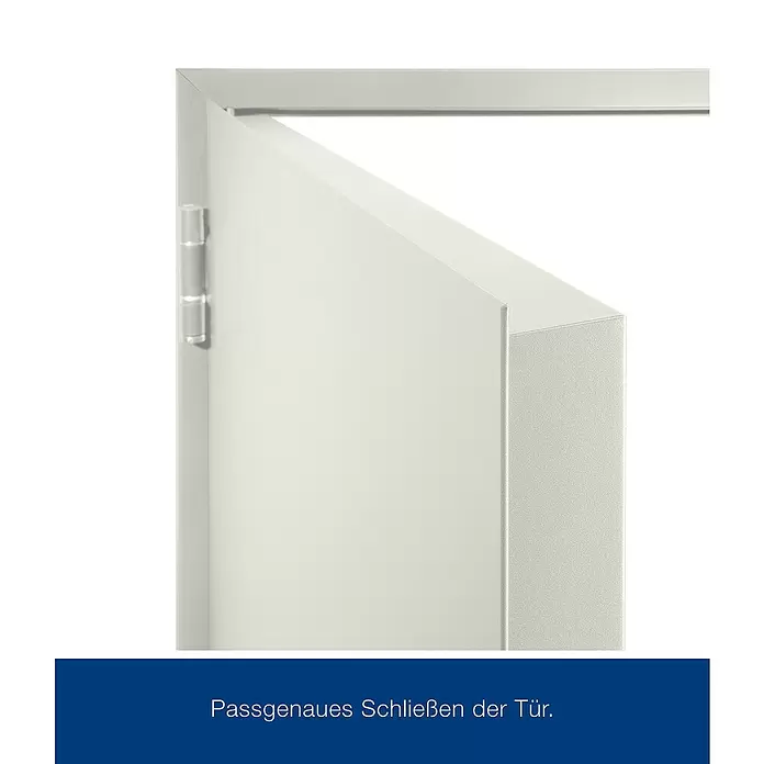 Hörmann Brandschutztür H3-1 OD RS - 100 x 200 cm, DIN Anschlag: Rechts, Grauweiß - Eine leicht geöffnete, hellfarbene Tür mit sichtbaren Scharnieren und texturiertem Rahmen.