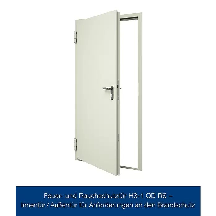 Hörmann Brandschutztür H3-1 OD RS - 87,5 x 200 cm, DIN Anschlag: Links, Grauweiß - Teilweise geöffnete, hellbeige Brand- und Rauchschutztür mit schwarzem Griff.
