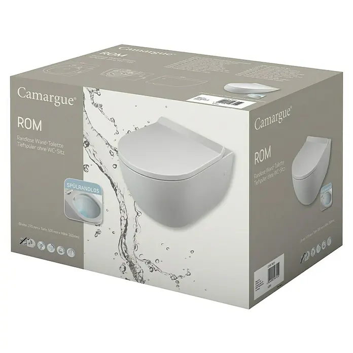 Camargue Wand-WC Rom - Spülrandlos, Ohne Spezialglasur, Spülform: Tief, WC Abgang: Waagerecht, Weiß - Verpackung der Camargue ROM Wandtoilette. Diese spülrandlose Toilette ist ein Tiefspüler ohne WC-Sitz.