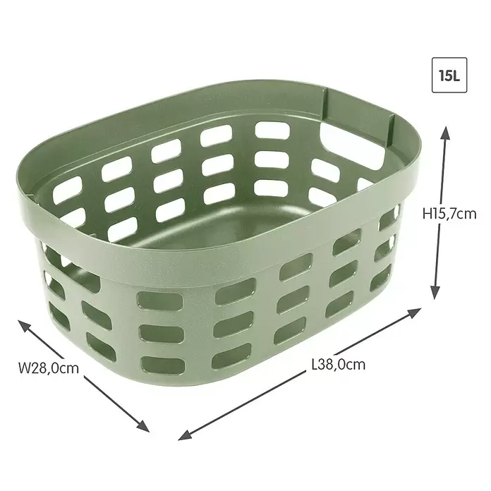 Sunware Sigma home Allzweck-Korb - L x B x H: 38 x 28 x 15,7 cm, Grün, Kunststoff - Salbeigrüner, perforierter rechteckiger Kunststoffkorb mit abgerundeten Ecken, 15L Volumen.