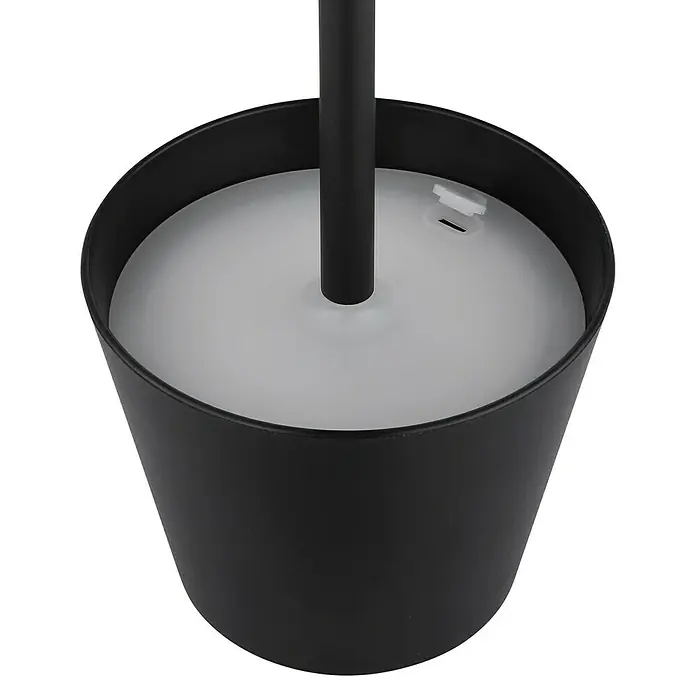 Akku-Tischleuchte Flaschenleuchte 3-in-1 - Lichtfarbe: Mehrfarbig, LED, Höhe: 36 cm - Nahaufnahme eines schwarzen Behälters mit einem grauen Deckel und einem schwarzen Stab in der Mitte, ideal für Badezimmer oder Reinigungszwecke.