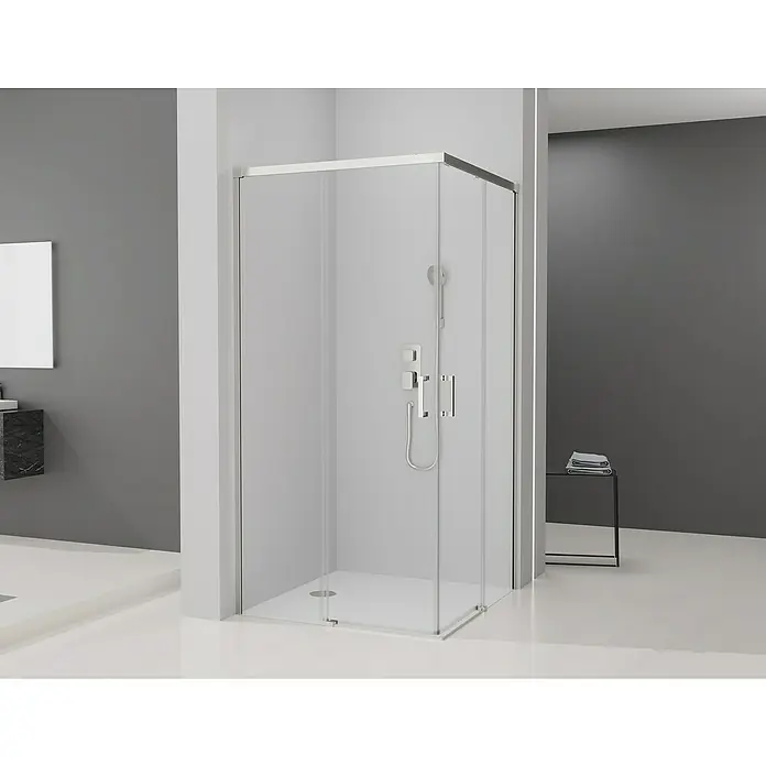 Camargue Mampara de ducha esquinera Aqua angular - L x An x Al: 70 x 70 x 195 cm, Cromo - Imagen de una moderna cabina de ducha con vidrio transparente y herrajes cromados en un baño elegante.
