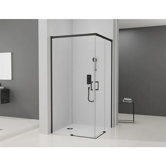 Camargue Mampara de ducha esquinera Aqua angular - L x An x Al: 70 x 120 x 195 cm, Negro - Cabina de ducha con marco negro en un baño moderno. Paneles de vidrio transparente y marcos negros elegantes crean un diseño minimalista.