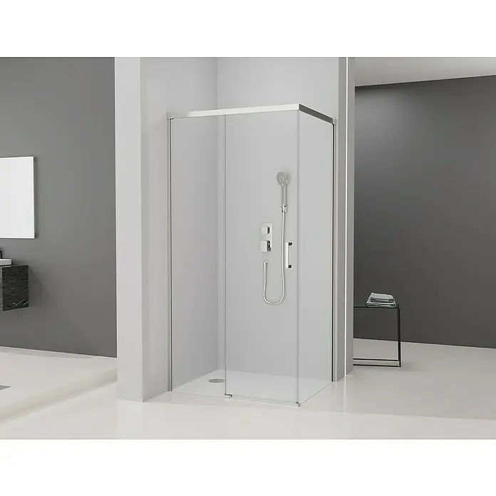 Camargue Mampara de ducha esquinera Aqua - L x An x Al: 70 x 145 x 195 cm, Cromo - Elegante cabina de ducha con vidrio transparente y diseño minimalista. Perfecta para un baño moderno, con grifería elegante.