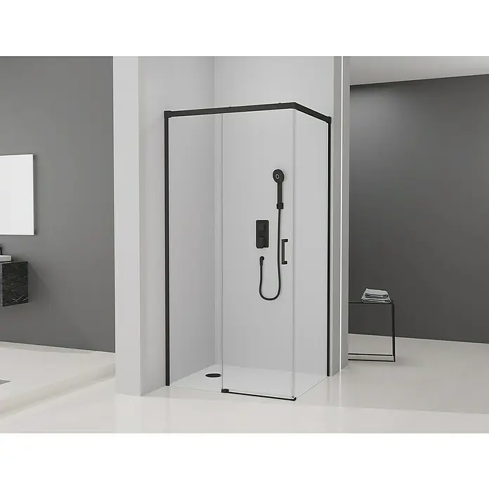 Camargue Mampara de ducha esquinera Aqua - L x An x Al: 70 x 170 x 195 cm, Negro - Imagen de una cabina de ducha con marco negro que destaca el diseño moderno del baño y las líneas limpias del accesorio de baño.