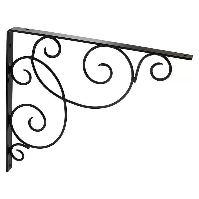 Rei Clásica Escuadra de soporte 1479 - L x An x Al: 20 x 30 x 2 cm, Carga soportada: 20 kg, Acero, Negro - Soporte de pared decorativo de metal negro con diseño de volutas, ideal para estanterías o para colgar.