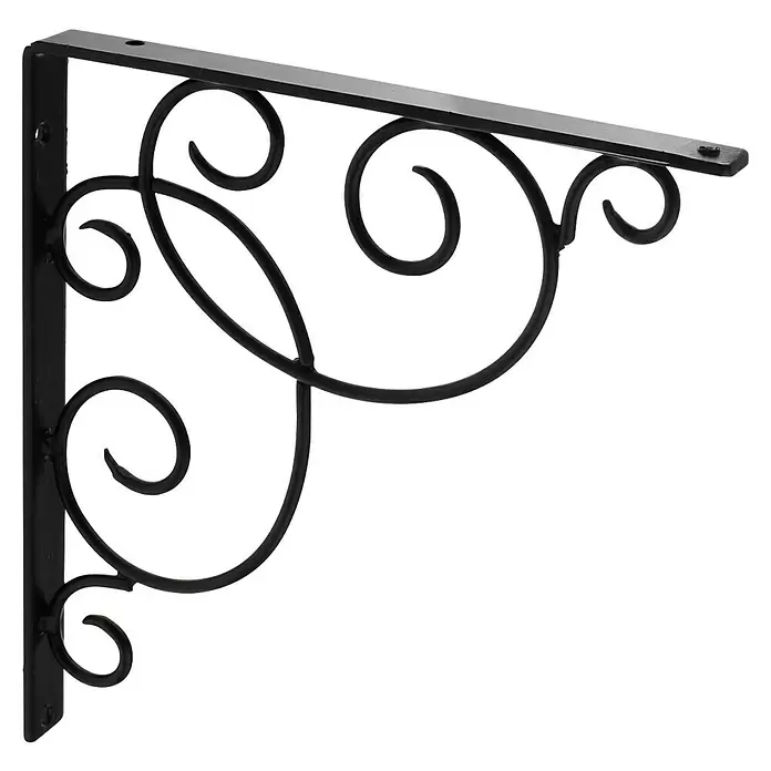 Rei Clásica Escuadra de soporte 1479 - L x An x Al: 27 x 23 x 2 cm, Carga soportada: 20 kg, Acero, Negro - Soporte de estante de metal negro ornamental con volutas decorativas.