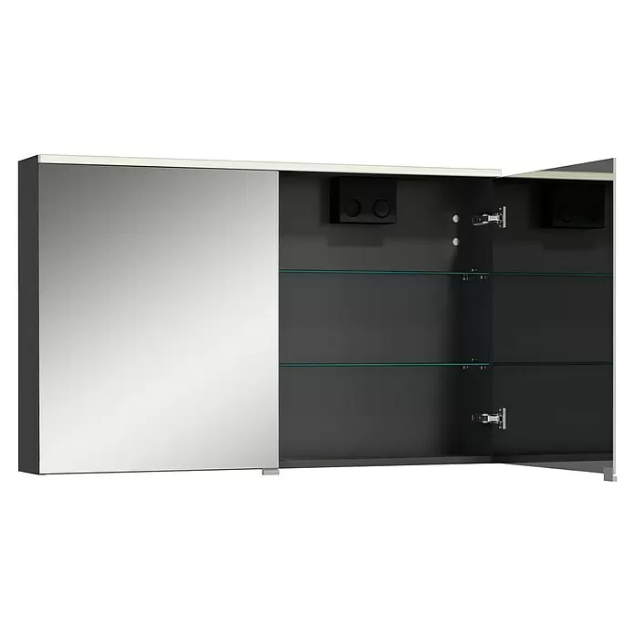 Camargue Aurinia LED-Spiegelschrank - B x H: 100 x 62 cm, Mit Beleuchtung, Anthrazit - Offener Spiegelschrank mit schwarzem Innenraum, zwei Glasböden und internen schwarzen Komponenten.