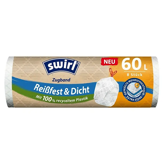 Swirl Müllbeutel mit Zugbeutel - 60 l, 8 Stk., Weiß - Swirl Müllbeutel mit Zugband, 60 Liter, 8 Stück, reißfest und dicht, hergestellt aus 100 % recyceltem Kunststoff für eine saubere und nachhaltige Abfallentsorgung.