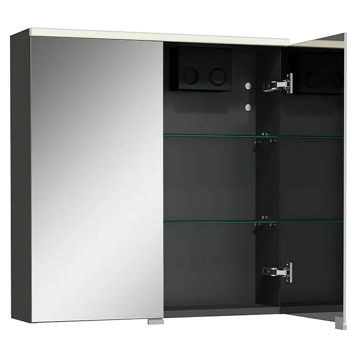 Camargue Aurinia LED-Spiegelschrank - B x H: 80 x 62 cm, Mit Beleuchtung, Anthrazit - Ein moderner Spiegelschrank mit Glasablagen, der Funktionalität und stilvolles Design für jedes Badezimmer vereint. Perfekt zur Aufbewahrung von Badutensilien.