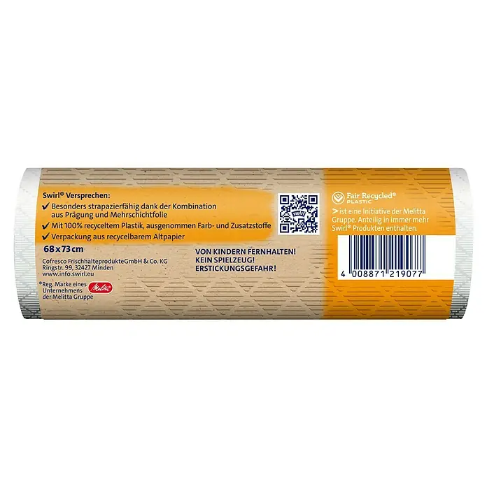 Swirl Müllbeutel mit Zugbeutel - 60 l, 8 Stk., Weiß - Swirl Frischhaltefolie: Strapazierfähig, mit 100% recyceltem Plastik (ohne Farb- und Zusatzstoffe) und recycelbarer Altpapierverpackung.