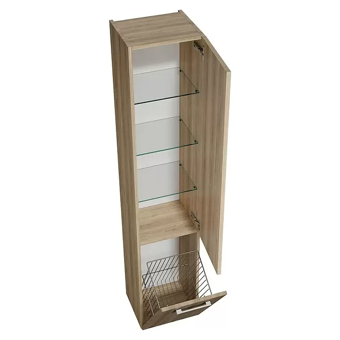 Camargue Aurinia Hochschrank - 35 x 32 x 176 cm, Natural Oak, Mit Wäschekippe, DIN Anschlag: Links - Helles Holzmaserung Hochschrank mit offener Tür, Glasböden und ausziehbarem Metallkorb unten.