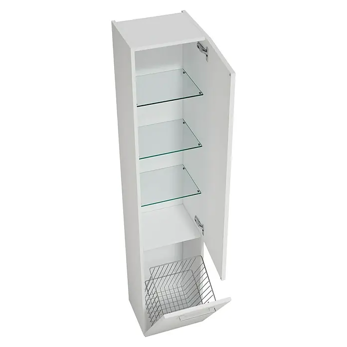 Camargue Aurinia Hochschrank - 35 x 32 x 176 cm, Weiß, Mit Wäschekippe, DIN Anschlag: Rechts - Offener, weißer Badschrank mit Glasböden und einem Wäschekorb. Moderne Badezimmereinrichtung für stilvolle Aufbewahrung.