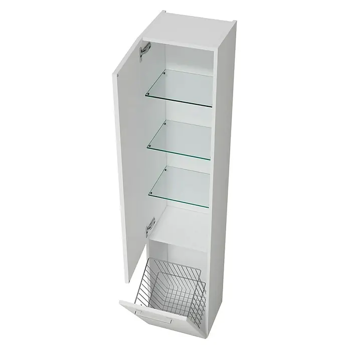 Camargue Aurinia Hochschrank - 35 x 32 x 176 cm, Weiß, Mit Wäschekippe, DIN Anschlag: Links - Der weiße Badschrank mit Glastablaren bietet stilvollen Stauraum. Eine ausziehbare Wäscheablage sorgt für Ordnung und Komfort im Badezimmer.