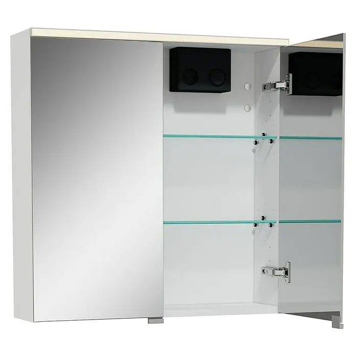 VitrA LED-Spiegelschrank - B x H: 60 x 62 cm, Mit Beleuchtung, Weiß - Aufnahme eines weißen Badezimmerschranks mit Spiegeltür und Glasböden, der elegantes Design und praktische Aufbewahrungslösungen bietet.