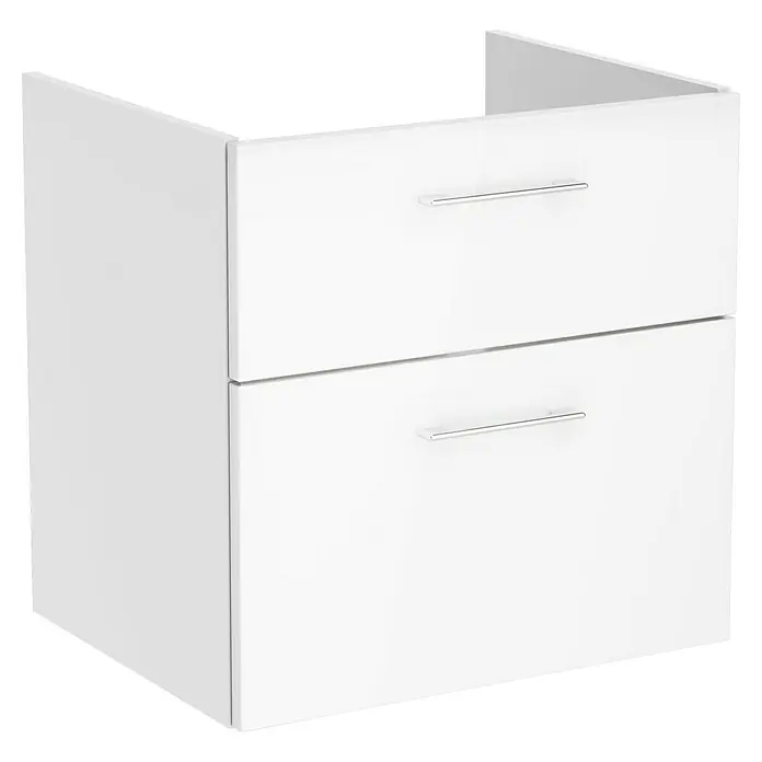 Camargue Aurinia Waschtischunterschrank - 60 x 48 x 60 cm, Weiß - Aufnahme eines Badezimmerschranks in Weiß mit zwei Schubladen und minimalistischen silbernen Griffen, der moderne Badezimmerausstattung zeigt.