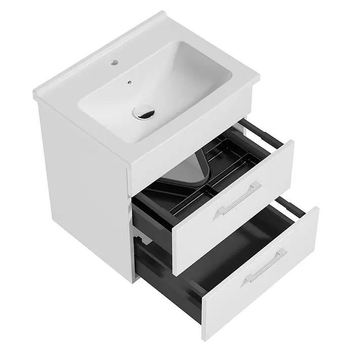 VitrA Aurinia 2.0 Waschtischunterschrank - 57 x 45 x 61 cm, Weiß - Weißer Badunterschrank mit integriertem Waschbecken und zwei geöffneten Schubladen mit silbernen Griffen und schwarzen Organizern.