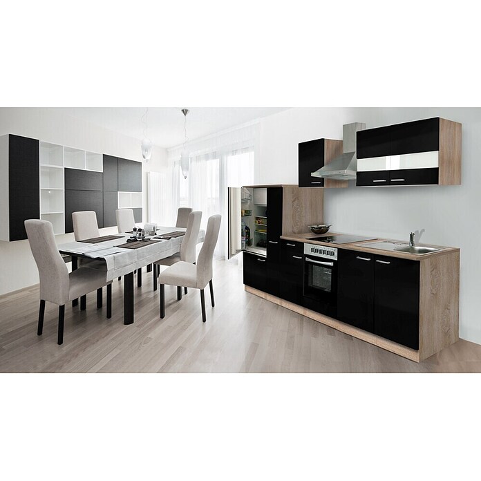 Respekta Composición de cocina (Ancho: 300 cm, Con dispositivos eléctricos, Negro)