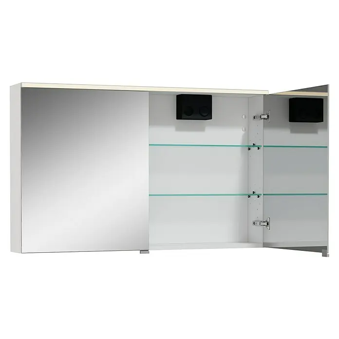 VitrA LED-Spiegelschrank - B x H: 100 x 62 cm, Mit Beleuchtung, Weiß - Ein offener Badezimmerschrank mit Spiegeltür und Glasböden, der zusätzlichen Stauraum bietet. Lichtleiste an der Oberseite sorgt für Helligkeit.