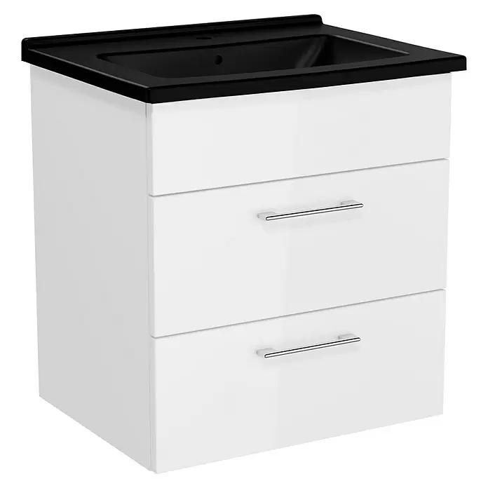 VitrA Aurinia 2.0 Waschtischunterschrank - 57 x 45 x 61 cm, Weiß - Weißer Badunterschrank mit zwei Schubladen, silbernen Griffen und schwarzem integriertem Waschbecken.